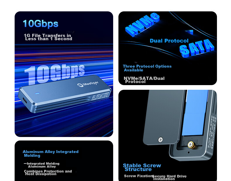 Mihu (Meetiger) M.2 SSD Enclosure, NVMe Protocol, M2 Portable Hard Drive Case, USB3.2 10Gbps External SSD, All-Aluminum Body, PN80 3