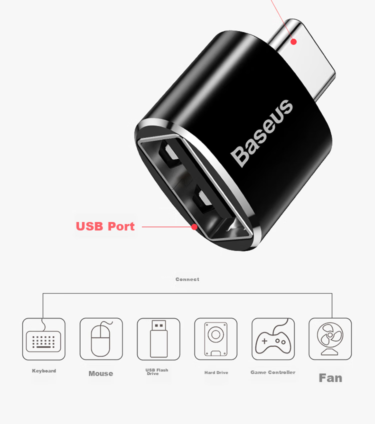 Baseus Type-C Adapter USB OTG Data Cable, Phone USB Drive Tablet Adapter, Car Charger Converter, Compatible with Apple MacBook Laptops Huawei Xiaomi 3