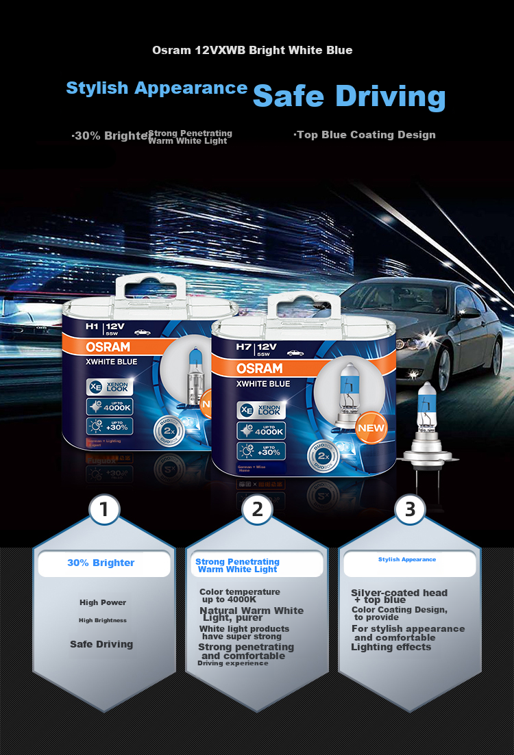 OSRAM Automotive Bulb, Headlight, High Beam, Low Beam, Halogen Lamp, Bright White Blue H1 [4000K], 12V 55W 4