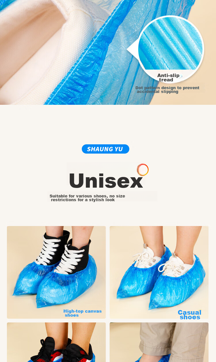 SHUANG YU Disposable Shoe Covers, 100-Pack, Dust-Proof Waterproof PE Foot Covers, Thickened Plastic Shoe Covers for Indoor Outdoor Home Use 8