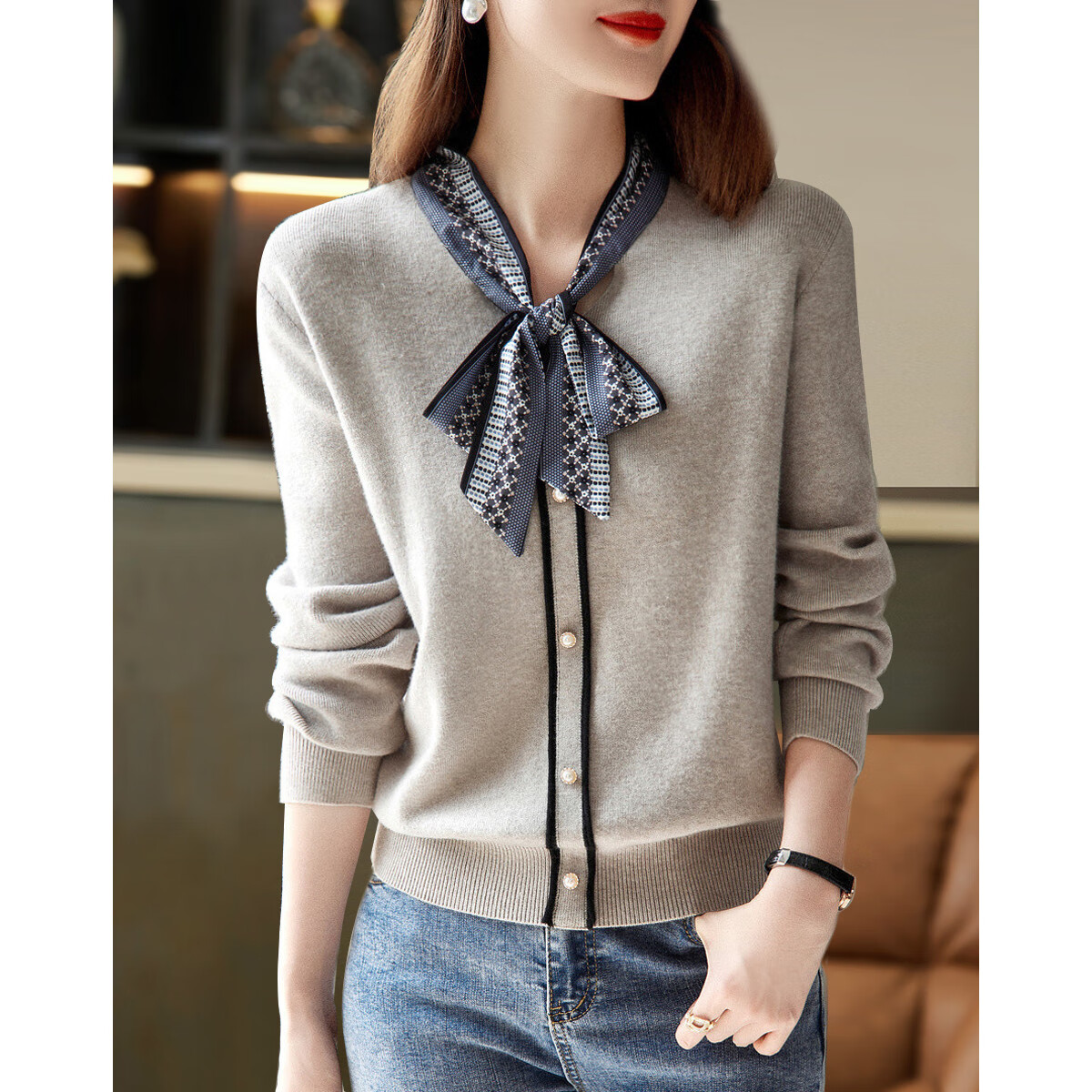 Dme [Commute] Spring And Autumn Silk Ribbon Pearl Button Decorated Cardigan, Versatile Knit Sweater for Women, Medium Gray, Size S
