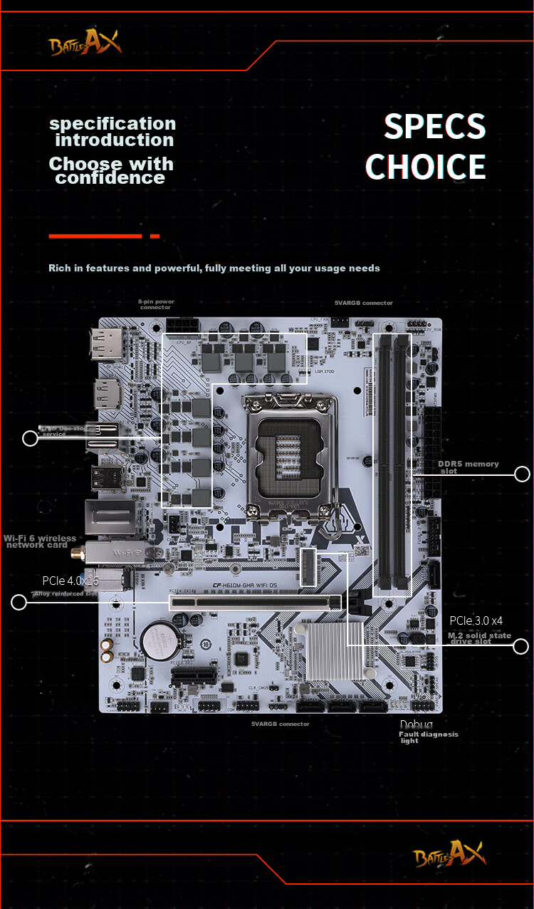 Colorful BATTLE-AX H610M-GHA WIFI D5 V20 Motherboard, DDR5 Compatible with 12490F/13100 (Intel H610/LGA 1700) 2