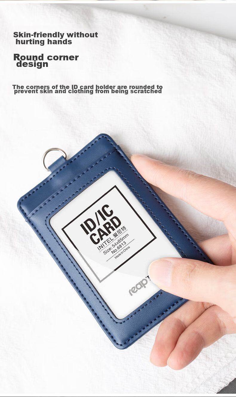 Reap Genuine Leather Work Badge, Corporate Employee ID Card Holder, Document Case with Storage Slots, Neck Strap Badge, Conference Access Card, Work ID Holder, Cowhide Material, Customizable, Dark Blue Vertical Style 6813 4