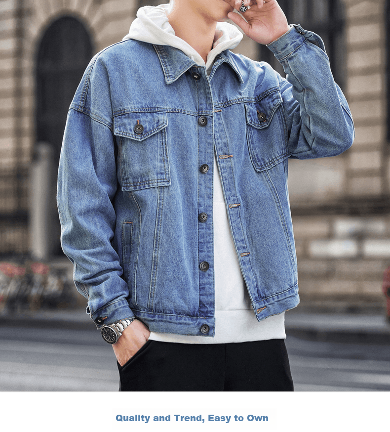 Foss Phil Men's Denim Jacket, Spring And Autumn Casual Retro Trendy Loose Fit Hong Kong Style Workwear Jacket Top FPJK4 Black XL 1