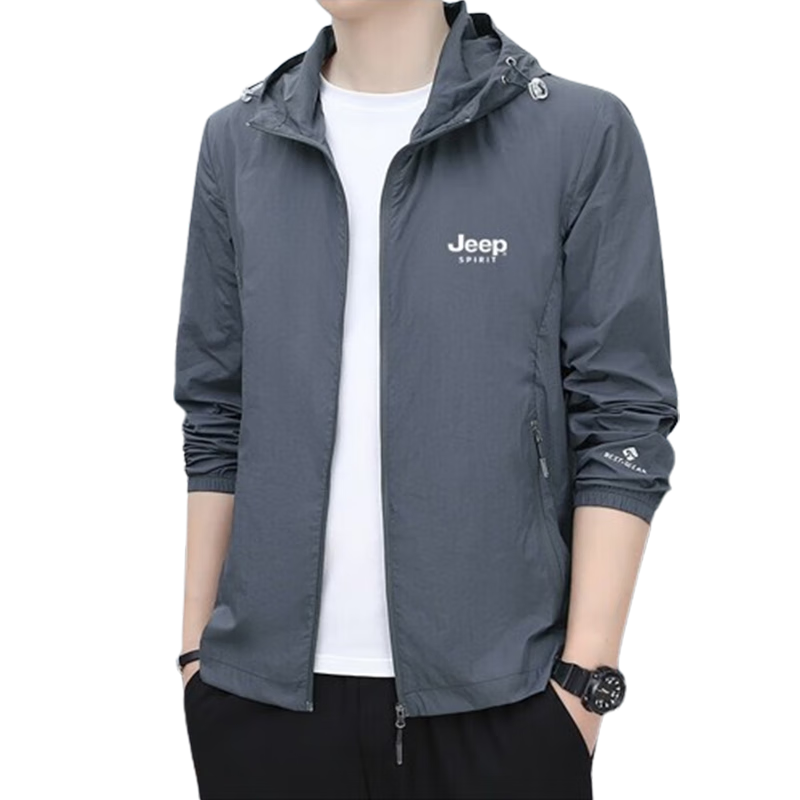 JEEP SPIRIT Men's Sun Protection Jacket, Summer Versatile Casual Skin Coat, Hooded Casual Fishing Wear, Dark Gray, XL