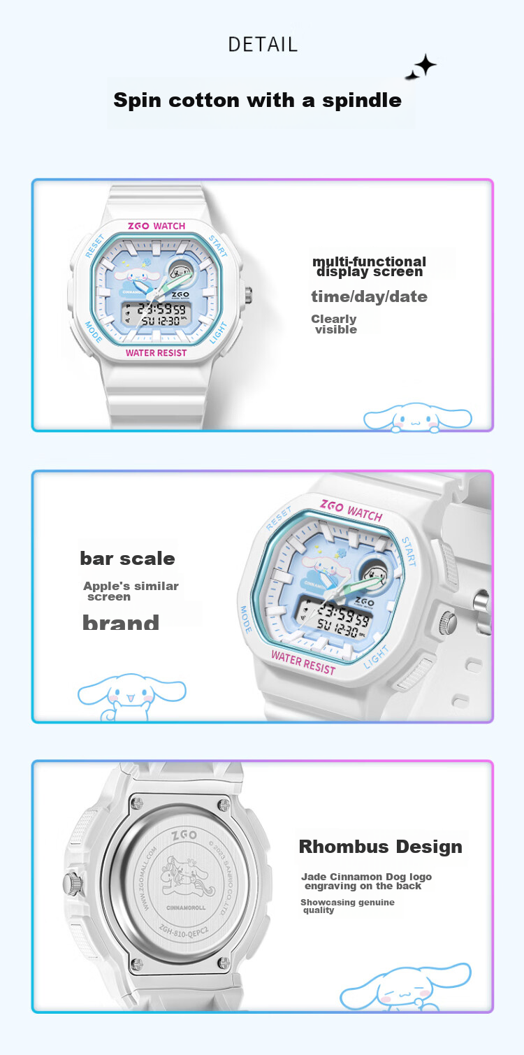 ZGO x Sanrio Student Watch for Girls, Electronic Sports Wristwatch for Middle and High School Students, High-Value Design, 810 Pudding Dog 12