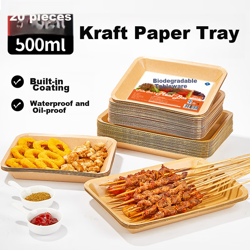 SHUANG YU Biodegradable Disposable Plates 500ml*20 Pieces Kraft Paper Plates for Barbecue, Dining, Snacks, And Fruits
