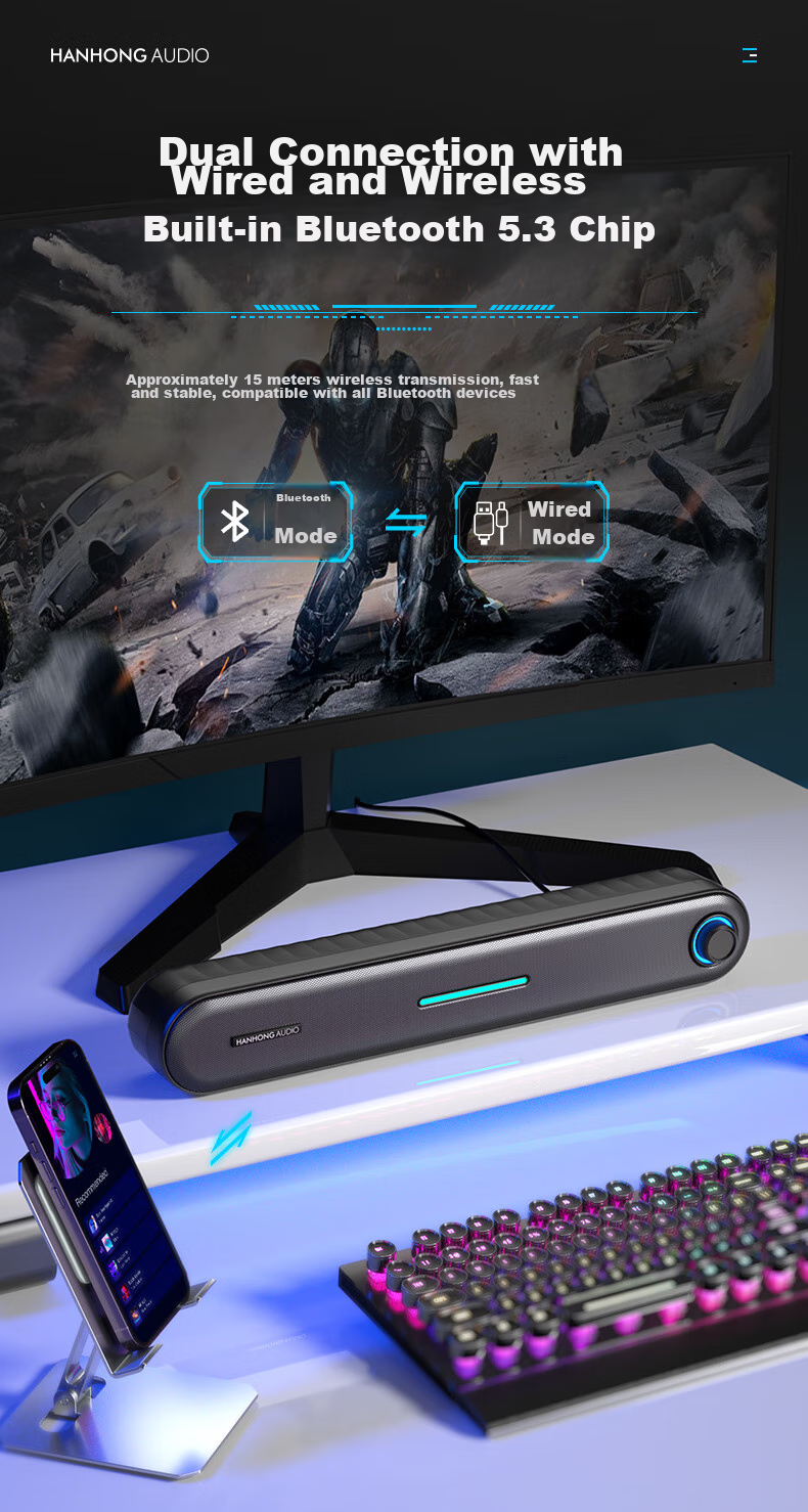 HANHONG_AUDIO PC01 Computer Speakers, PS5 Gaming Desktop Bluetooth Speaker, Multimedia Home Audio for Computer, Desktop, Mobile Phone, Laptop, RGB Light Effects Speaker, Indoor Home Use 9