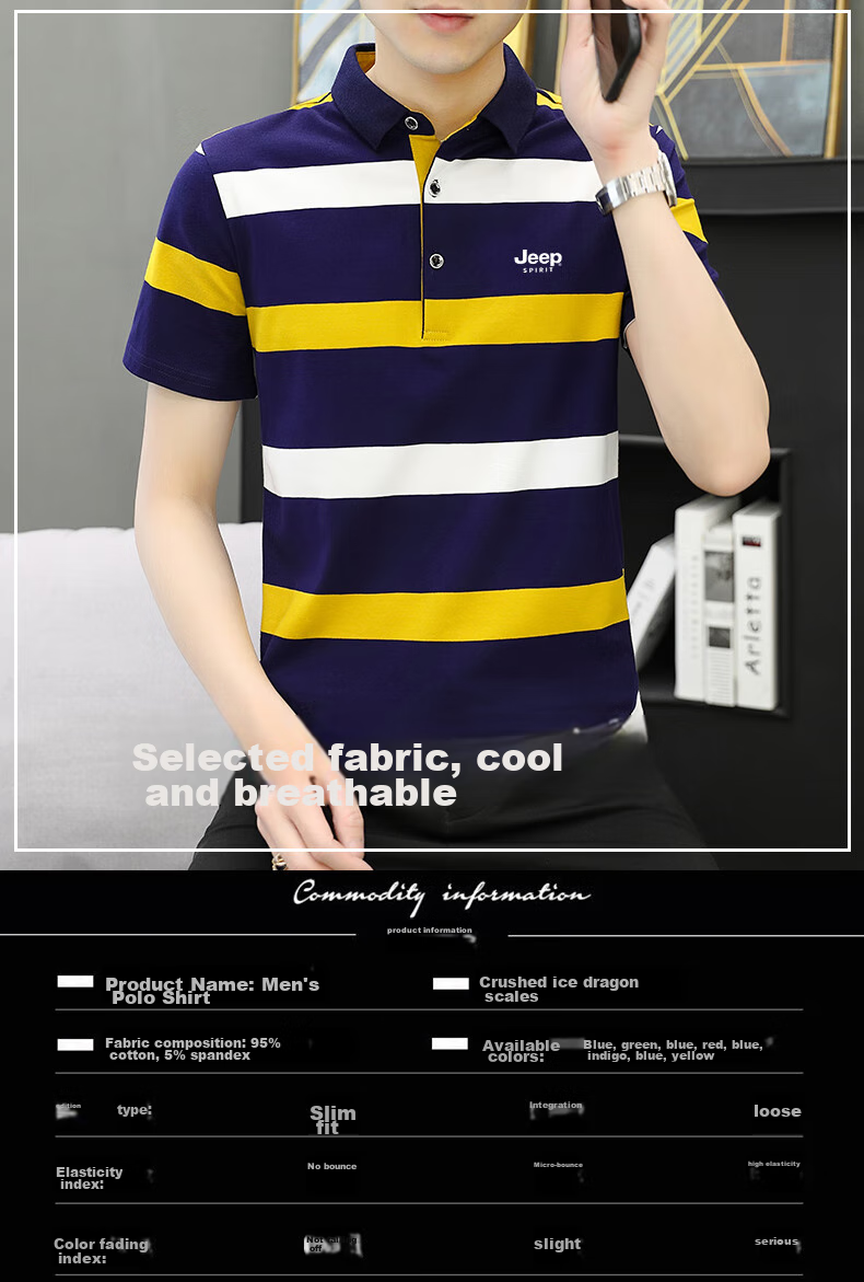 JEEP SPIRIT Men's Short-Sleeve T-Shirt, Summer Polo Shirt, Half-Sleeve, Collared, Striped, Business Casual, Slim Fit, Blue And Yellow, XL 5