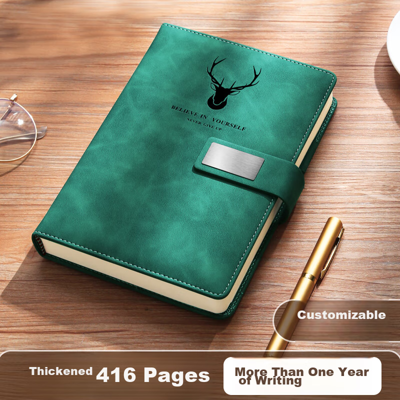 Jiaranheng A5 Green Notebook, Extra Thick Business Journal, Simple And Thick College Student Diary, Office Stationery, Leather Cover Notebook, Work Book, Meeting Record Book, Customizable
