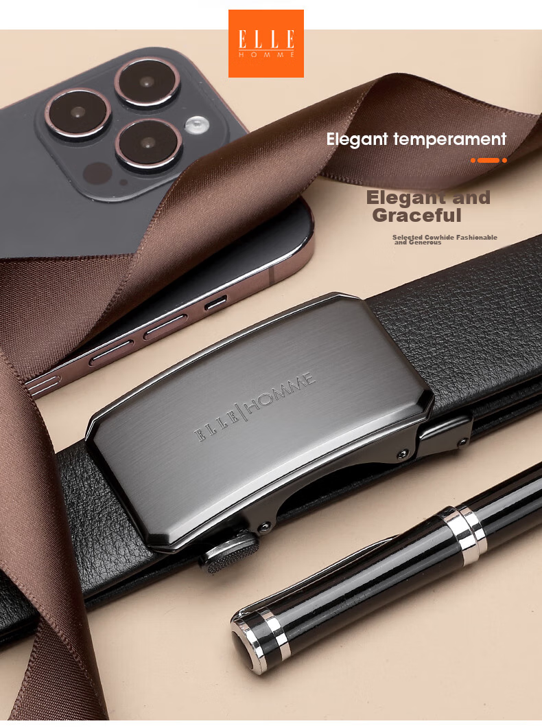 ELLE HOMME Men's Belt, High-Quality Top-Grain Leather Automatic Buckle Waistband, Business Formal Trouser Belt, Birthday Gift for Me 2