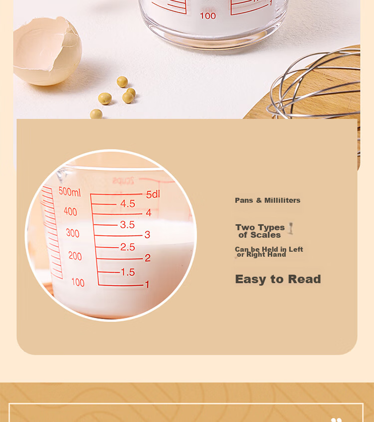 BJ Measuring Cup, Food-Grade Glass Measuring Cup, 500ML, Graduated Cup, Egg Liquid Filter Measuring Cup, Baking Strainer Measuring Cup, Milk Cup 6