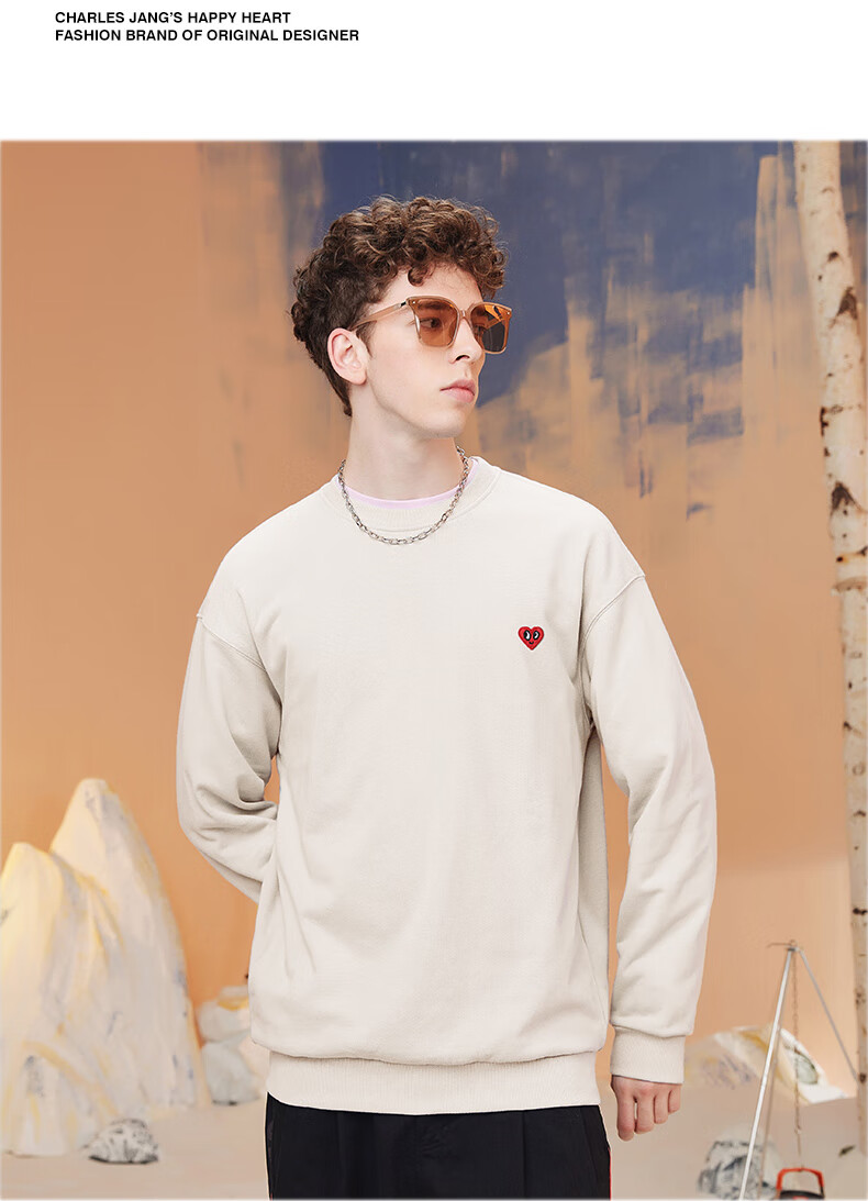 Chaersitaoxin [Bailu & Wang Churan Same Style], Pure Cotton Embroidered Crewneck Sweatshirt, Unisex Couple Style Base Layer, Light Khaki XL 4