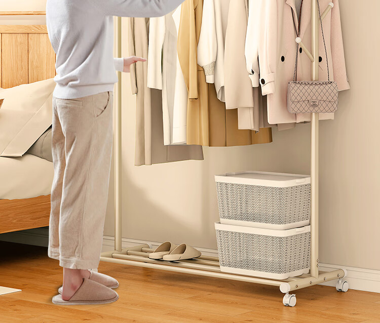 QIAONAMEI Clothes Drying Rack, Floor-Standing Bedroom Coat Rack, Indoor Dormitory Clothes Hanger, Storage Rack, Balcony Clothes Rod, 2441-WH 2