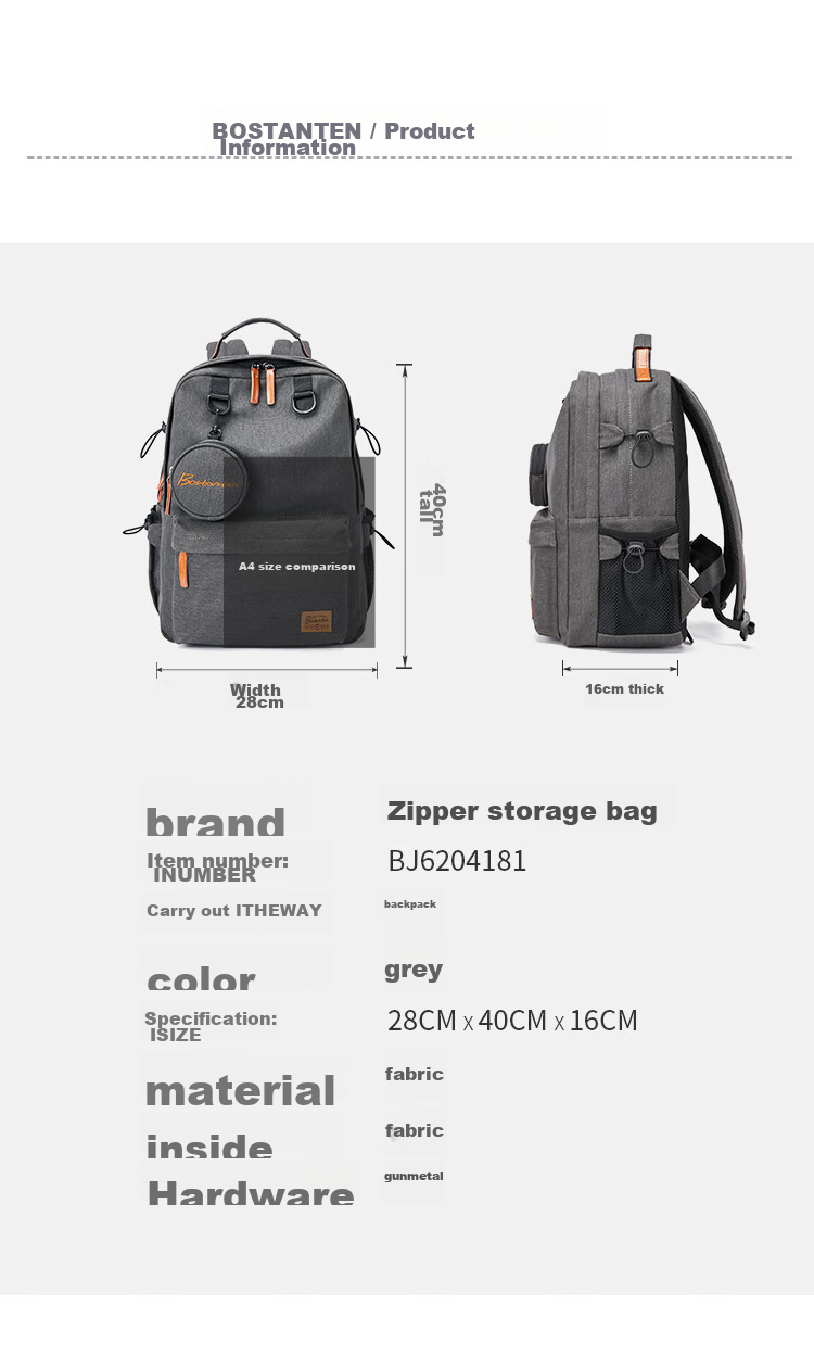 BOSTANTEN Men's Backpack, High School And College Student Bookbag, Trendy Backpack, Large Capacity Laptop Bag for Men And Wome 9