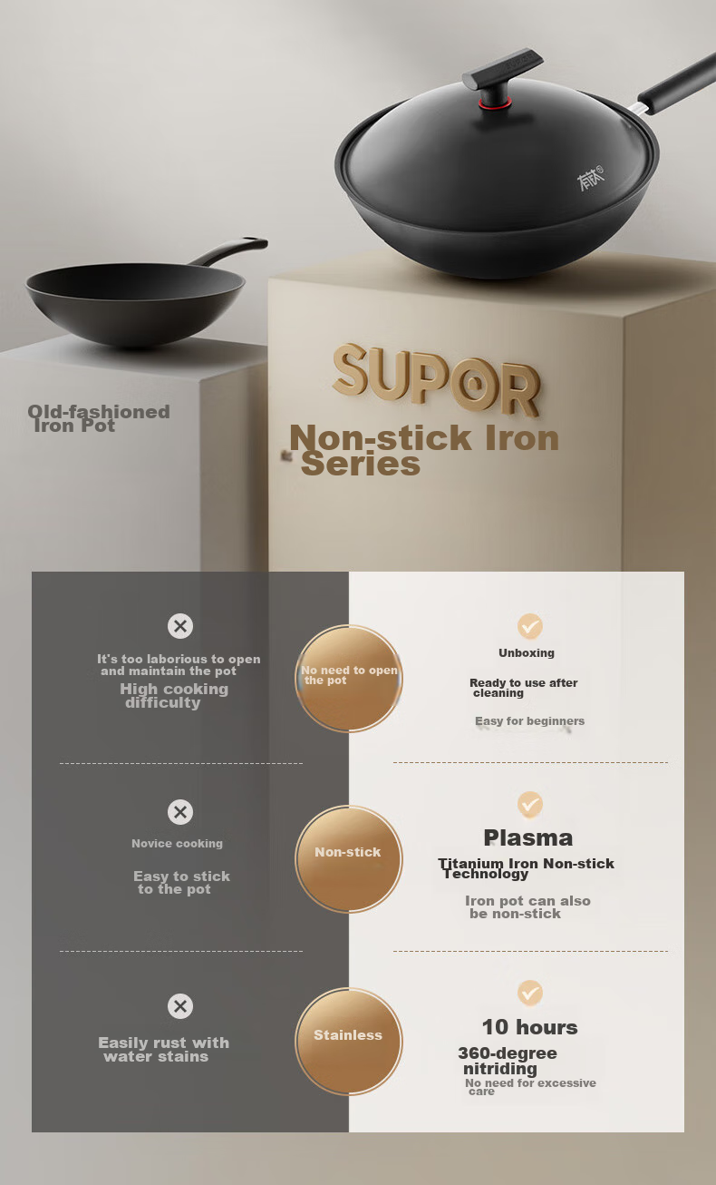 SUPOR Titanium Iron Non-Stick Wok, 32cm Iron Pan without Coating, Suitable for Gas Stove And Induction Cooker, Stir-Fry Pan HC32YT1 4