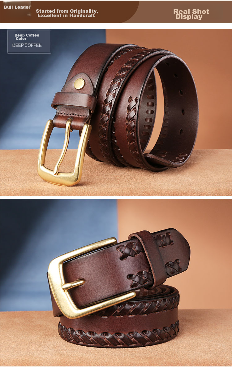 Cattlesboss Leather Belt for Men, Cowhide Waistband with Pin Buckle, Top-Grain Leather with Copper Buckle, Handwoven 1977, Dark Brown, 110cm 11