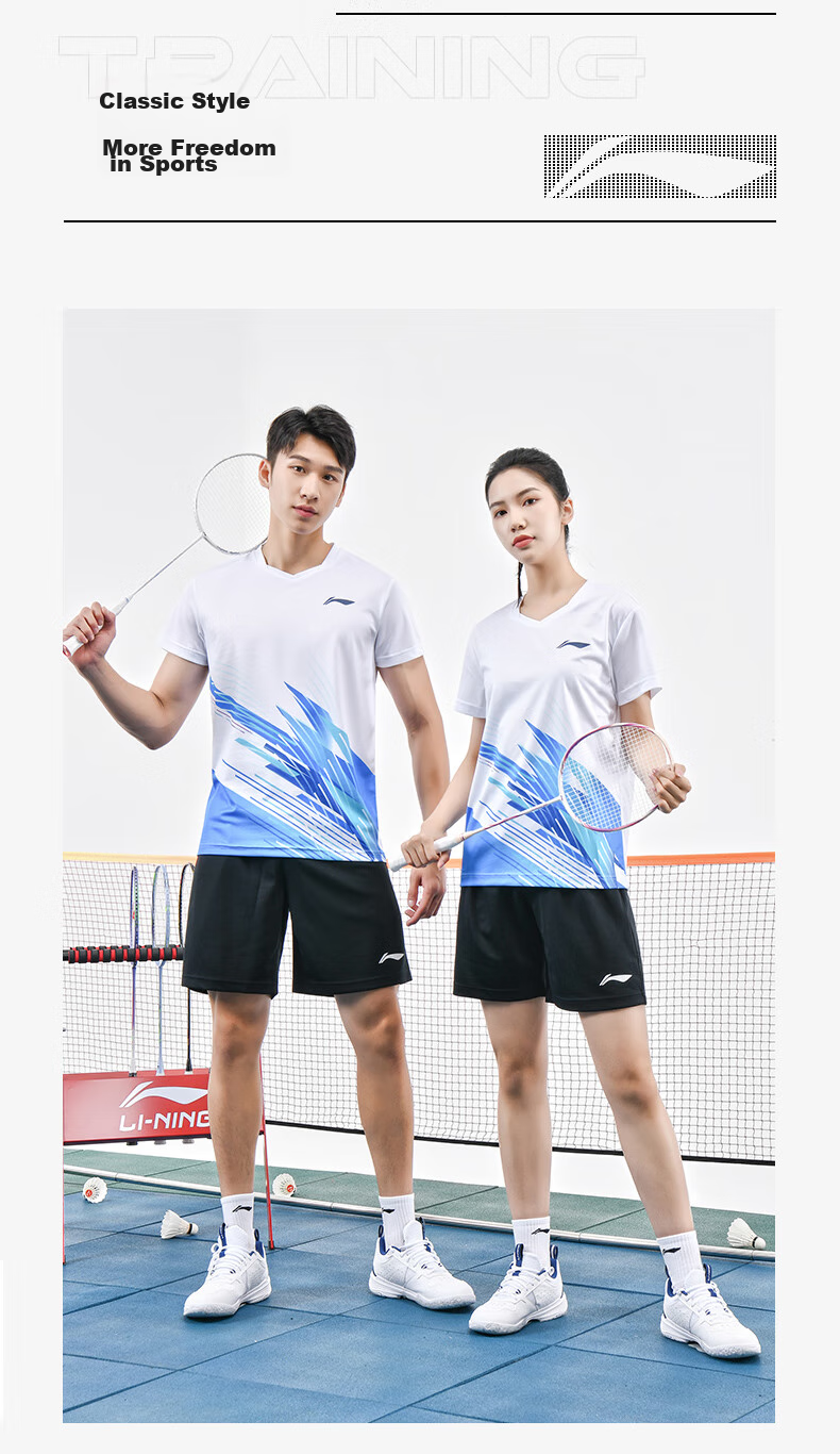 Li-Ning Badminton Outfit for Men And Women, Short-Sleeve Quick-Dry Competition Set, Top And Pants Two-Piece Set, Deep Navy Blue, Size L 3