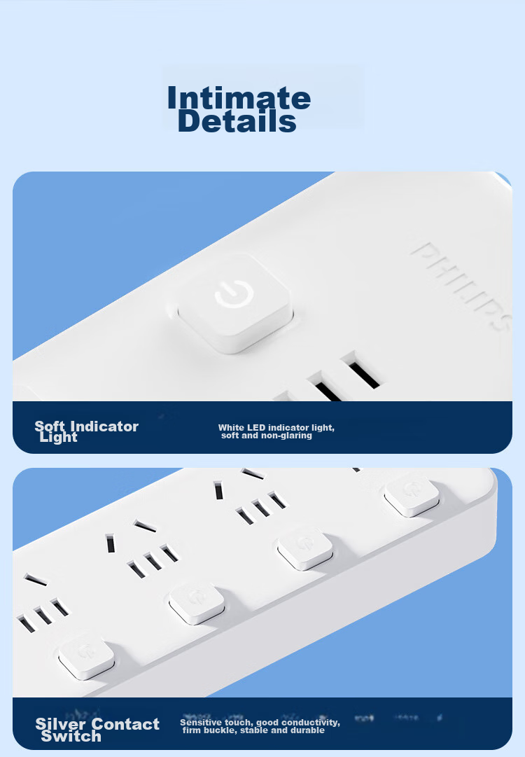 PHILIPS New National Standard Safety Power Strip Side Plug Socket 2.8m Split Control 6 Outlets Two-Prong Three-Pin Socket Travel Portable Multi-Outlet Extension Cord Power Board 11