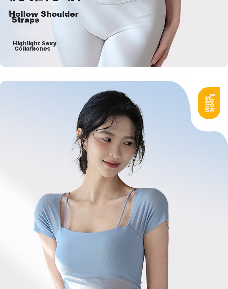 XUEXIMAN Faux Two-Piece Yoga Top for Women, Summer Short Sleeve with Built-In Bra Pads, Pilates Workout Fitness Wear 6