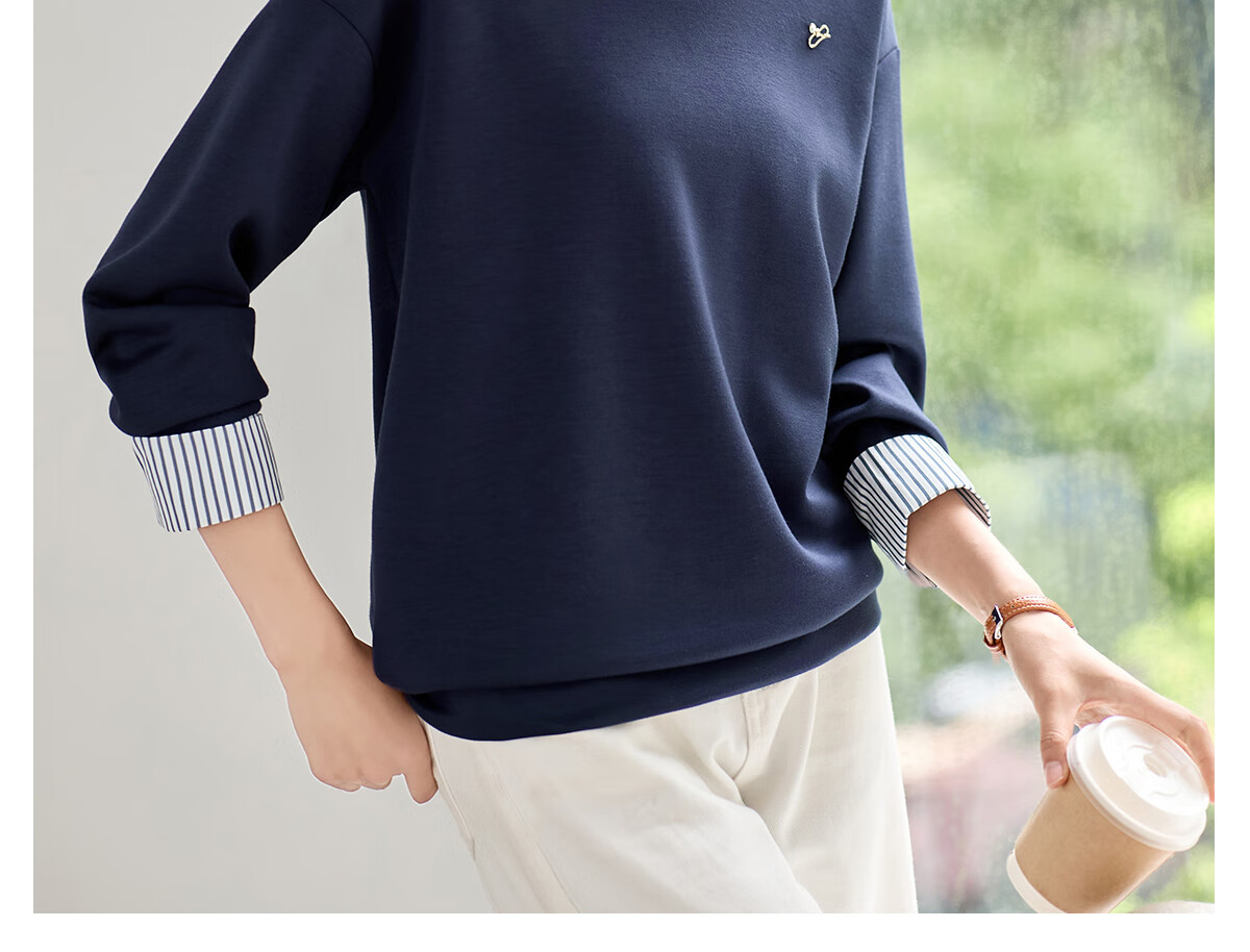 Chushen Women's Patchwork Striped Shirt Collar, Fashionable Faux Two-Piece Design with Delicate Brooch Top S143W1012 9