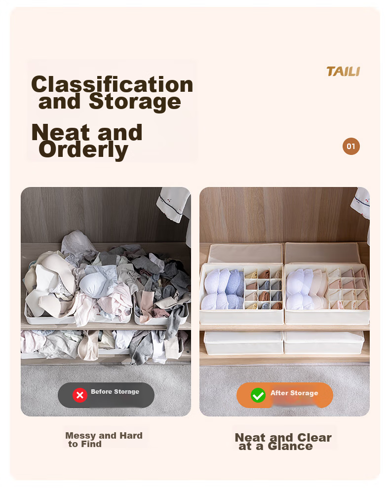 Taili Underwear Storage Box with Four Compartments, Foldable Closet Organizer Basket for Home Use, 1 Piece in Beige 4