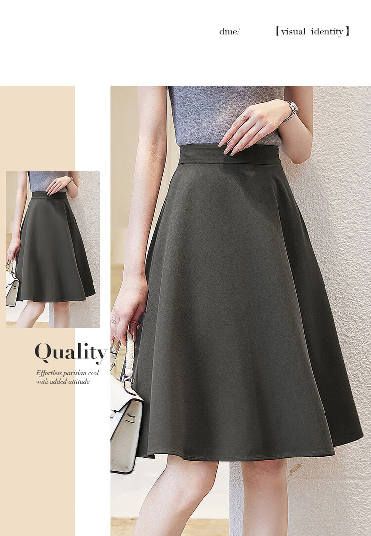 Dme [Tongqun A-Zi Umbrella Skirt] Spring And Autumn Waist-Cinching Midi Skirt, Simple Half Skirt for Women, Gray-Green, L 9
