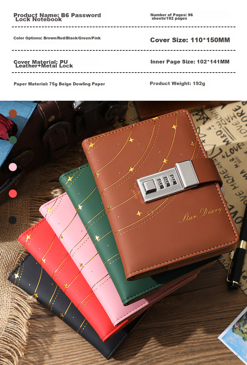 Longe Password Lock Notebook, B6 Small Size Password Book with Lock, Diary That Can Be Carried Anywhere, Lockable Journal, High-Quality Thickened Notebook, Customizable 12