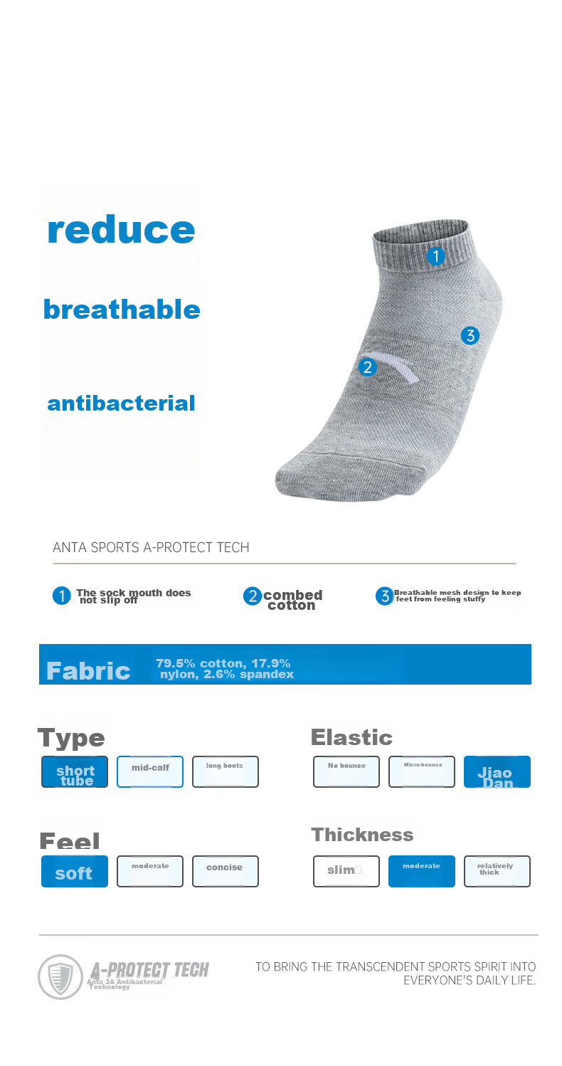 Anta Socks [3 Pairs] Sports Short Socks Comfortable Antibacterial Sweat-Absorbing Breathable Running Basketball Socks Unisex 15