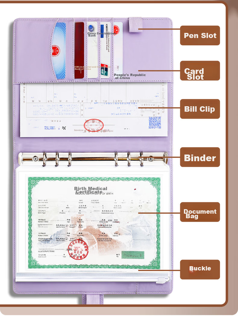 Jiaranheng Family Document Storage Bag, Multifunctional Large Capacity Organizer, Birth Certificate And Vaccine Protection Sleeve, Portable Loose-Leaf Binder, Bill And File Folder, Pink 6