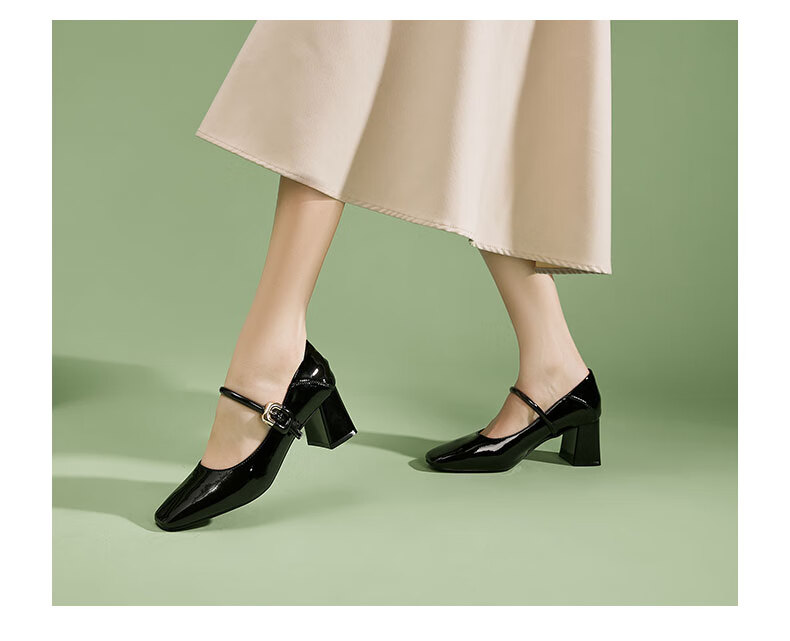 DAPHNE French Mary Jane Shoes for Women, Chunky High Heel with Single Strap, Leather Shoes, Commuter Soft-Soled Flats, Black, Size 35 2