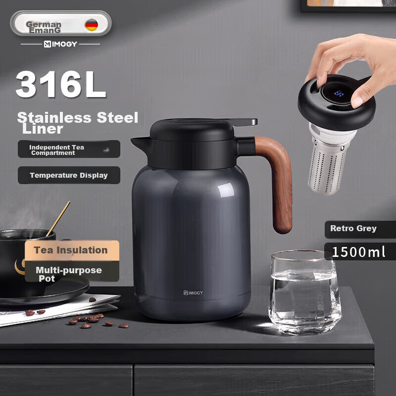 IMOGY IMOGY Insulated Thermos for Home Use, Tea Steeping Pot with Temperature Display, Hot Water Kettle, 316L Stainless Steel Steeping Pot, Warm Water Jug