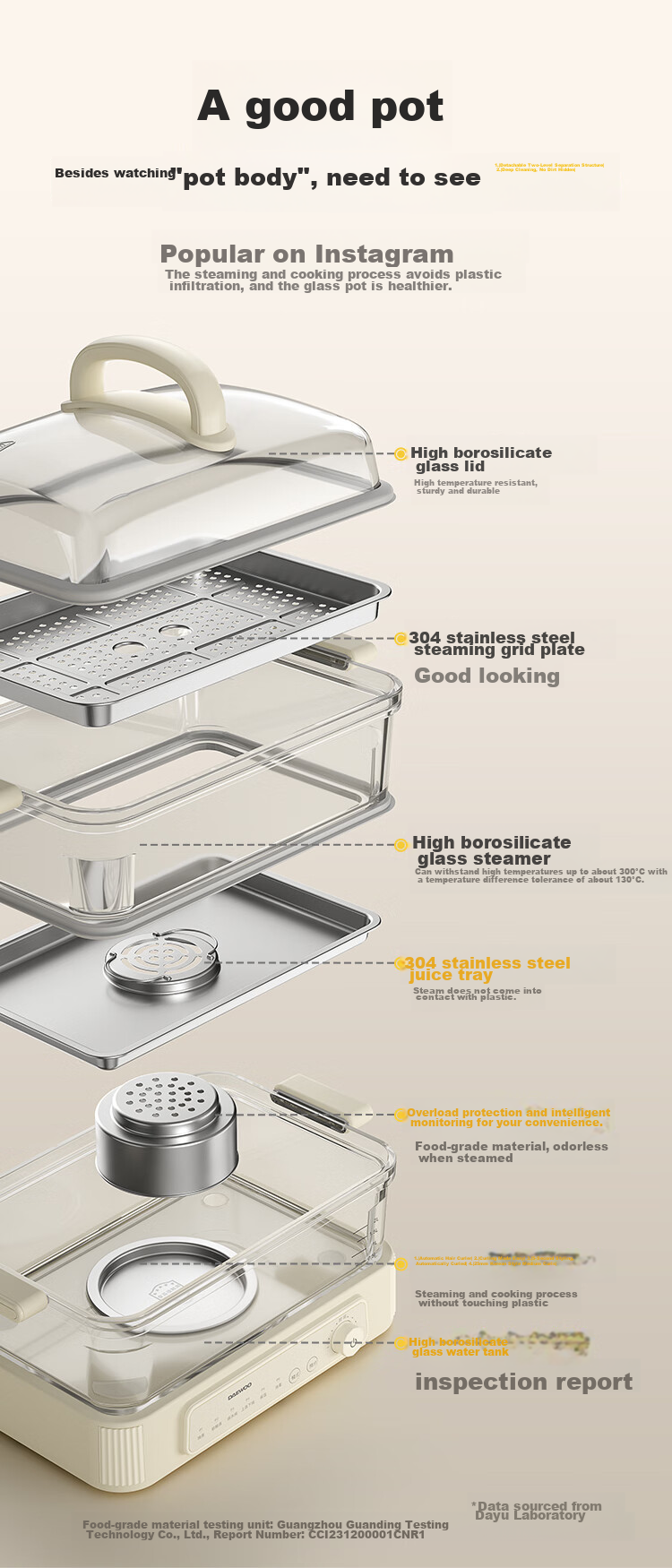 DAEWOO [Selected by Procurement And Sales] Multifunctional Electric Steamer Pot for Stewing And Steaming All-In Food-Grade Glass Transparent No Plastic Household Multi-Layer Steam Pot Stainless Steel Plate S22 6