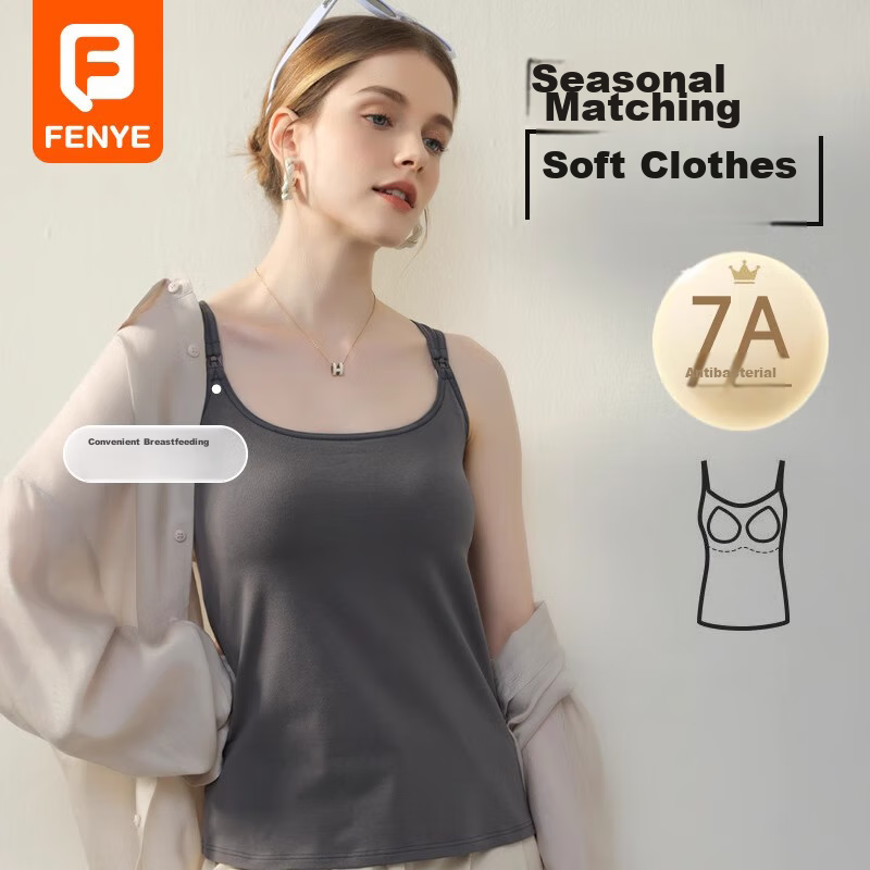 FENYE Nursing Bra, Cotton Camisole, Class A Thin Style, No Need to Wear Bra, with Pads, Vest-Style Nursing Top, Dark Gray, Size L