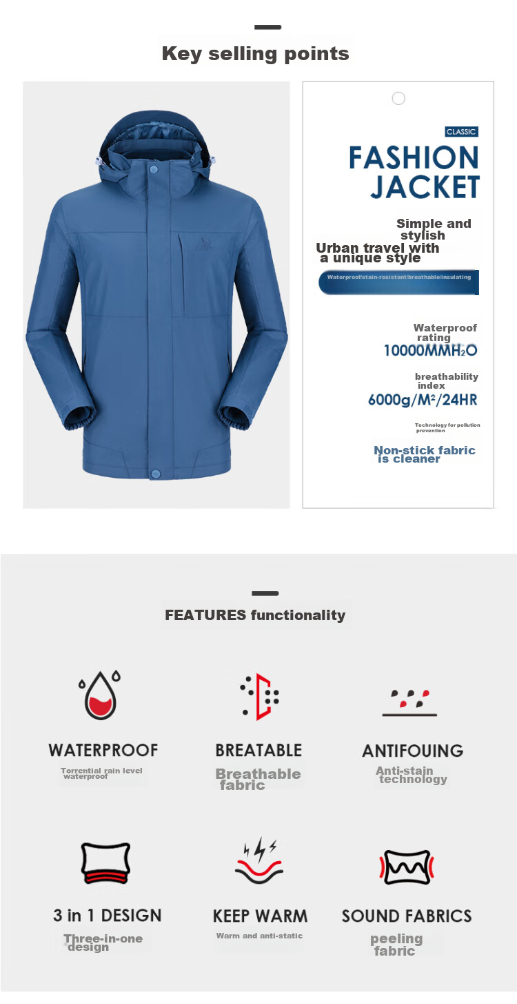 CAMEL Windbreaker Jacket for Men And Women, Three-In Detachable Two-Piece Set, Outdoor Heavy Rain-Proof Waterproof Windproof Mountaineering Suit 7