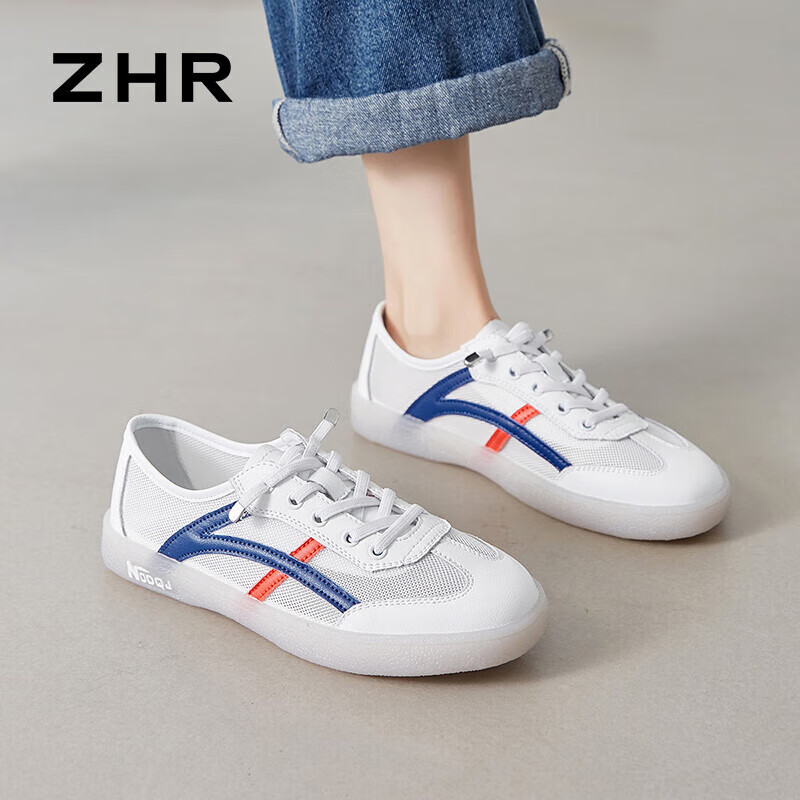 ZHR Women's Casual Shoes, Summer Mesh Lightweight White Sneakers, Versatile Round Toe Breathable Women's Shoes, A67E White Blue, Size 35