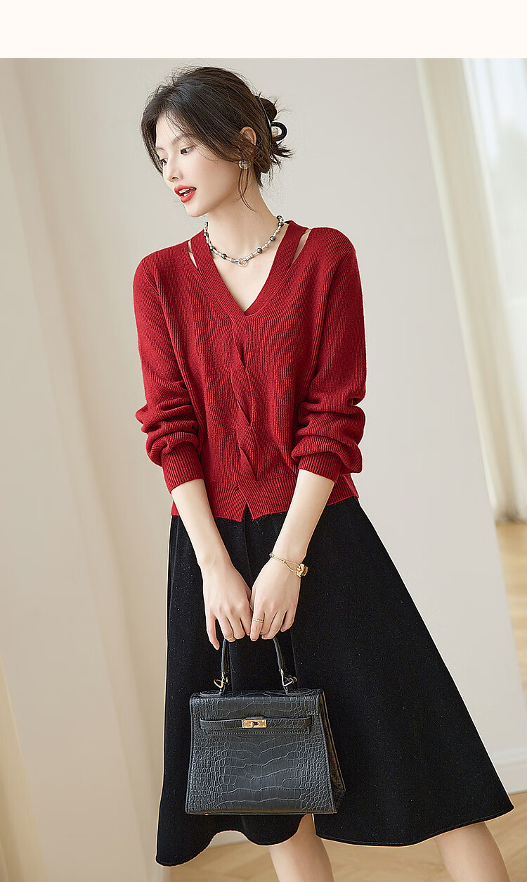 Dme Elegant Petite Woman Spring Autumn Sexy Hollow Out Cable Knit V-Neck Slim Yarn Sweater Top for Women 8