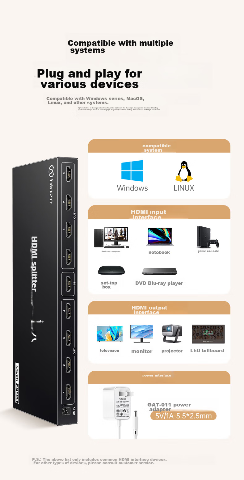BIAZE HDMI Splitter One-To 4K Digital HD Video Splitter for Laptop, Set-Top Box, TV, Projector 1-In 8-Out 4