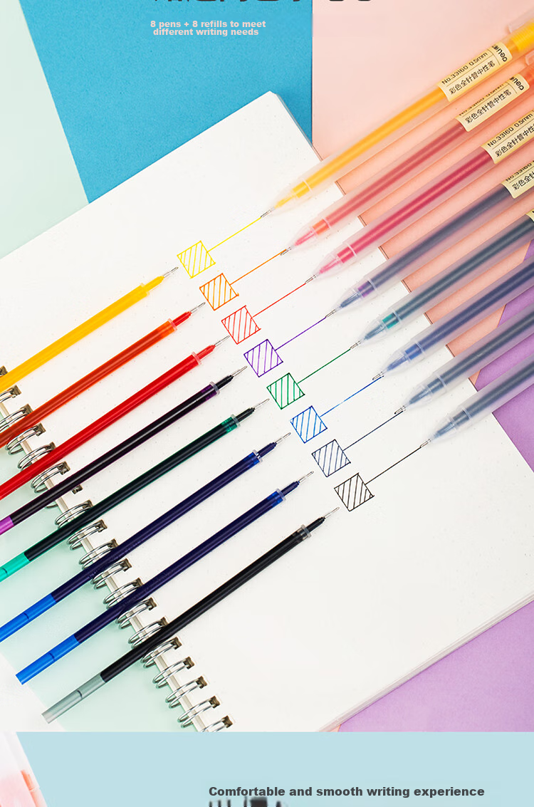 Deli Candy 8-Color Pull-Out Cap Colored Gel Pen Set, 0.5mm Full Needle Tube Signing Pens, Highlighters, Water-Based Pens for Journaling, 8 Pens + 8 Refills, 33160 5