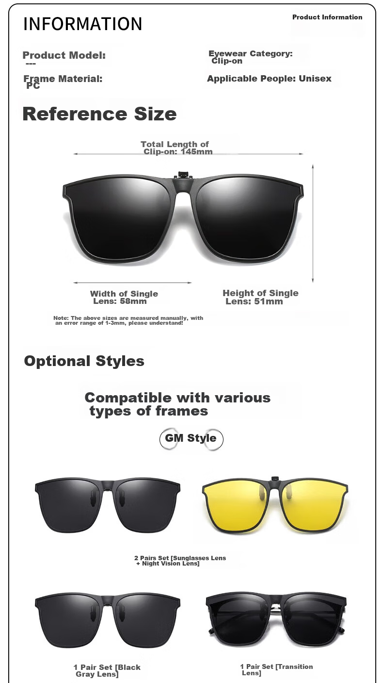 Baixiaoshe Myopia-Resistant GM Sunglasses Clip-Ons, 1 Pair [Sunglasses], Day And Night Use, Unisex for Driving 2