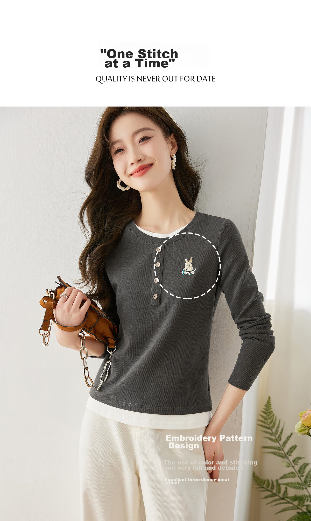 Sentubila Rabbit Embroidery Faux Layered Round Neck Long Sleeve T-Shirt for Women, Spring And Autumn Outer Wear Slimming Top, Dark Gray, S 4