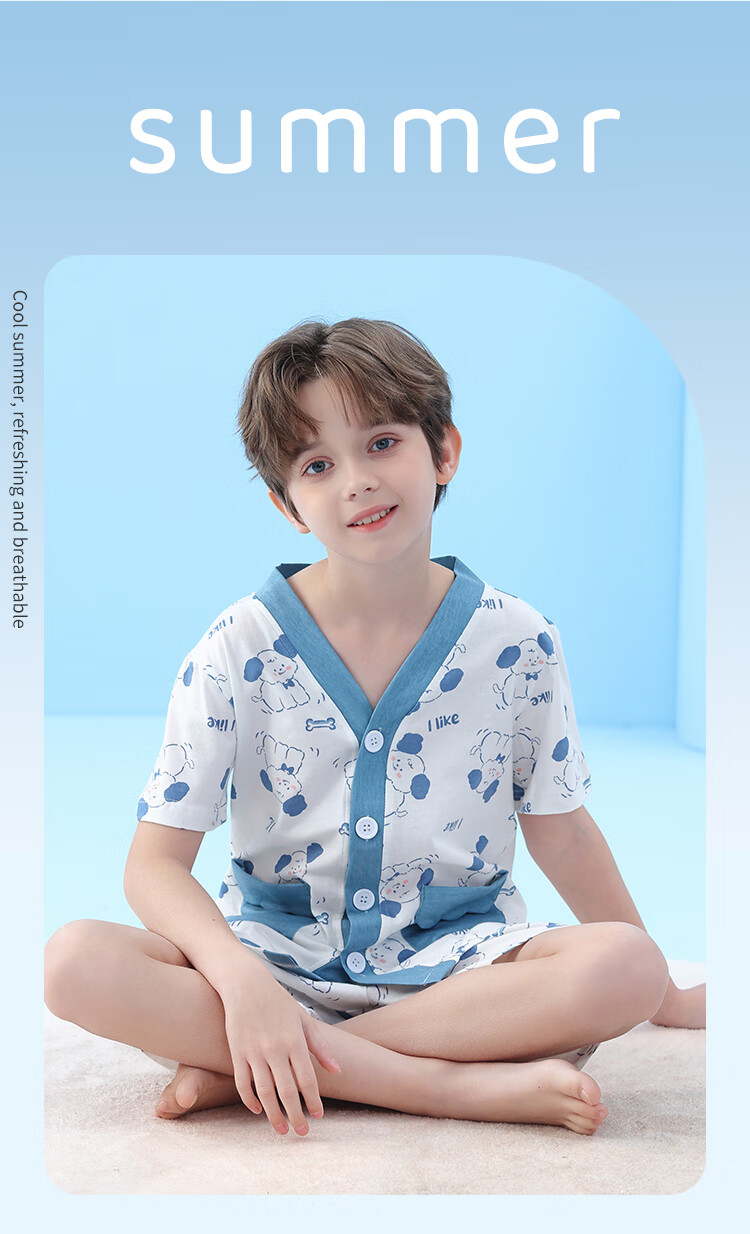 LangSha Children's Pajamas, Boys' Summer Thin V-Neck Short-Sleeve Set, Pure Cotton, Middle School Students' Loungewear Set, Size 120 12