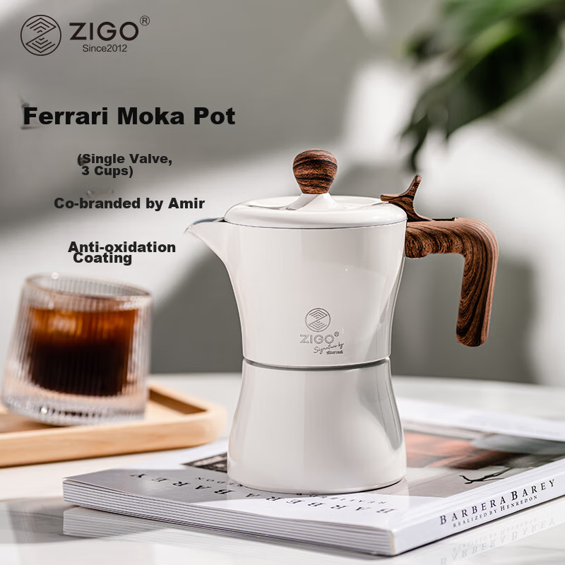 Zigo Ferrari Moka Pot, Italian Coffee Maker, Co-Branded Edition, 3 Cups, [Valentine's Day], Pearl White