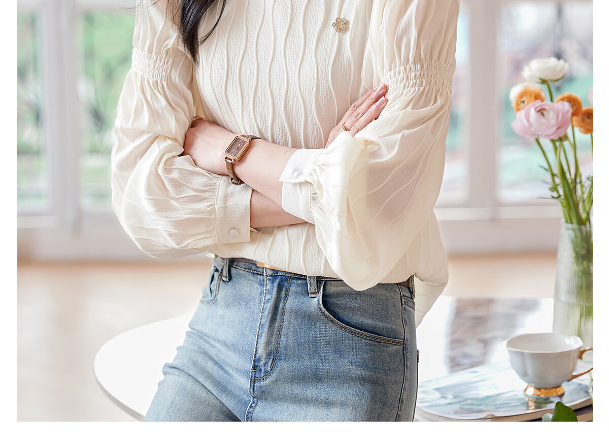 Chushen Spring And Autumn Long-Sleeve Blouse for Women, Fashionable Design with Small Stand-Up Collar, Chiffon Blouse S141C2876 Beige L 13