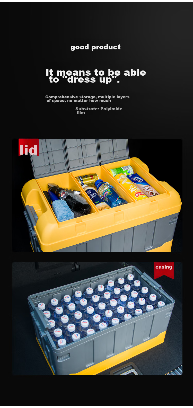 YUECAR Trunk Storage Box, Car Organizer Container, Foldable Car Storage Box with Double Lids, 40L Gray And Yellow 4