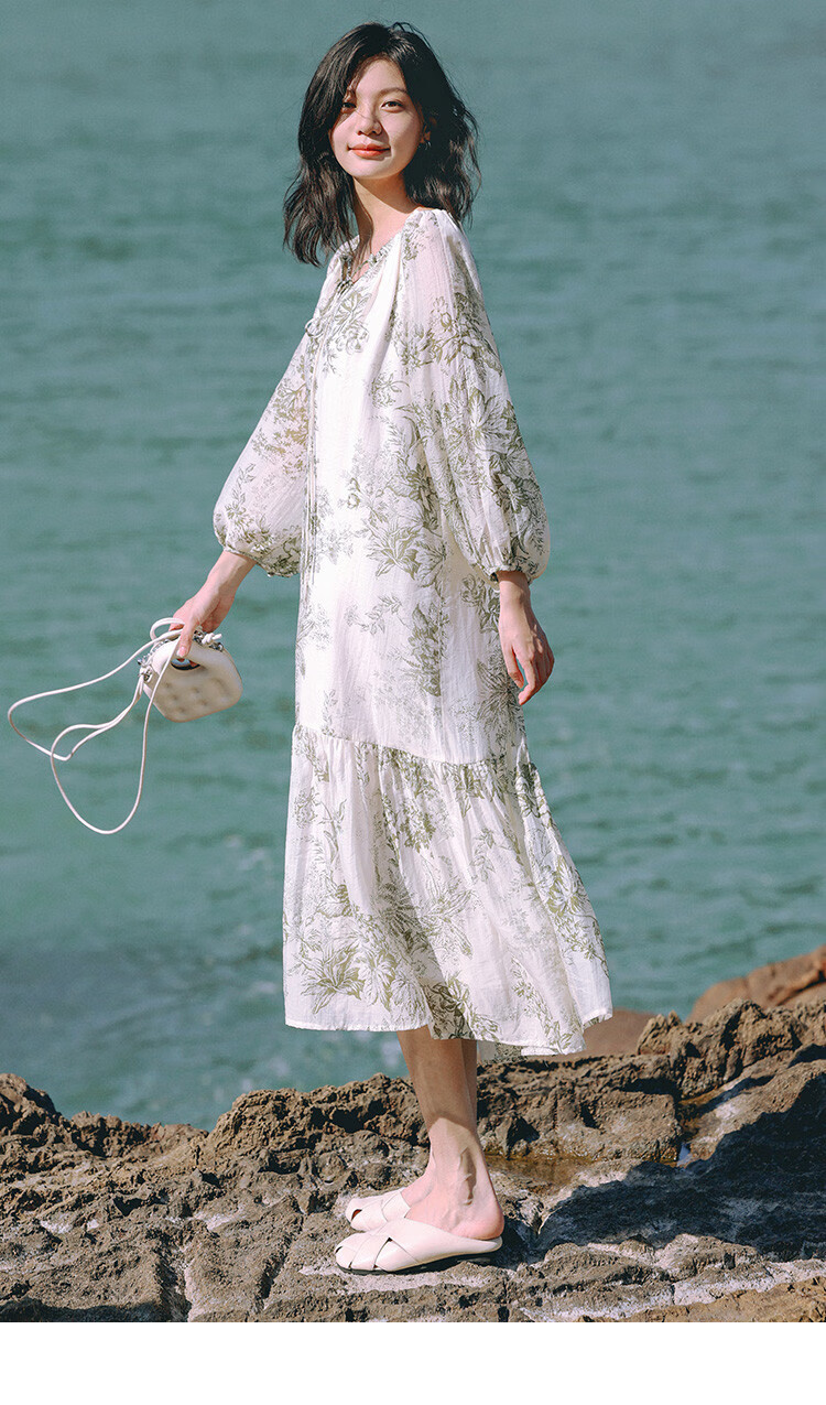 Dme Elegant Floral Print Long Dress, Artistic Ink Painting Design, Slimming One-Piece Dress, Floral Print, Size S 11