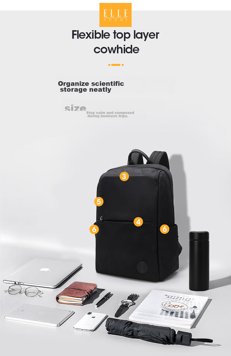 ELLE HOMME Men's Backpack, Large Capacity, Trendy Camouflage Fabric Backpack for Men, Fashionable Casual Laptop Bag, 00860 Black 5