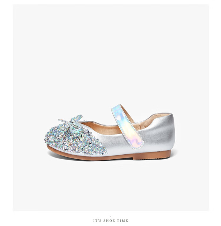 Snoffy Girls' Leather Shoes, Spring Children's Crystal Shoes, Shiny Diamond Princess Shoes, Comfortable Soft-Soled Flats for Little Girls, Moonlight Silver, Size 28 29