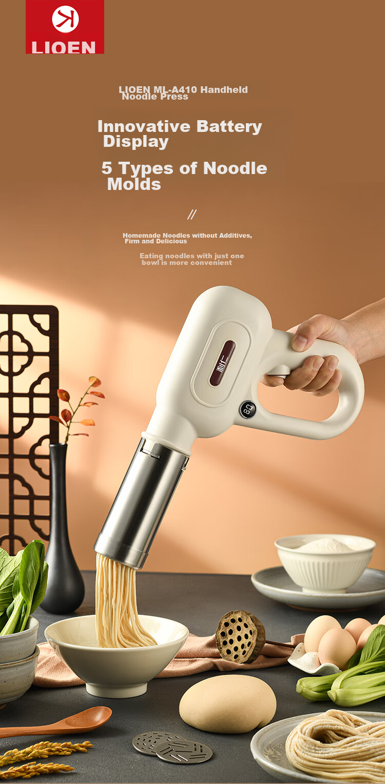 Liven Noodle Maker with Power Display, Home Automatic Wireless Handheld Pasta Press, Electric Youtiao Maker, Stainless Steel Noodle Machine with 5 Mold Types ML-A410 4