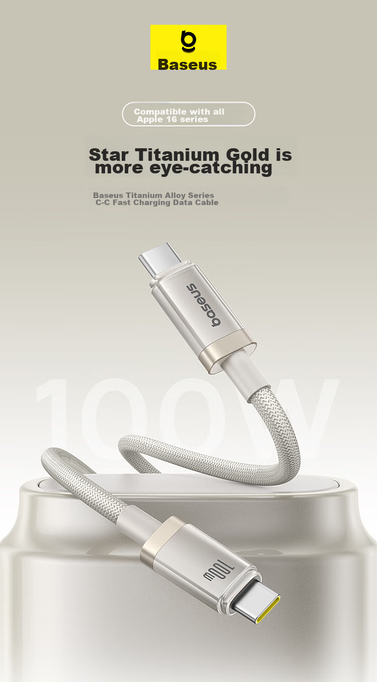 BASEUS Apple 17/16 Titanium Alloy Charging Cable, Dual-Head Type-C Data Cable, PD100W Fast Charging, Car Charger 5A, Suitable for IPhone 15/iPad/MacBook Laptops 2